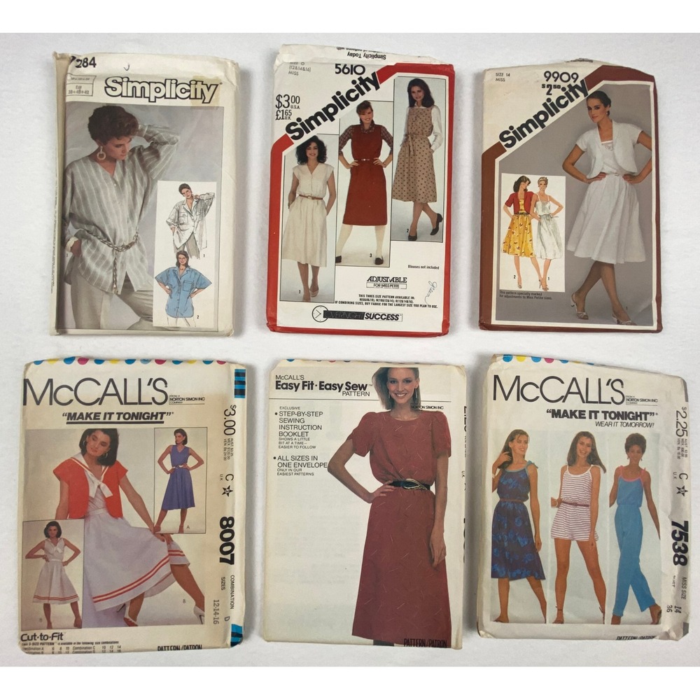 Vintage 80s Sewing Pattern Lot 6 Simplicity McCalls Dress Jumpsuit Shirt